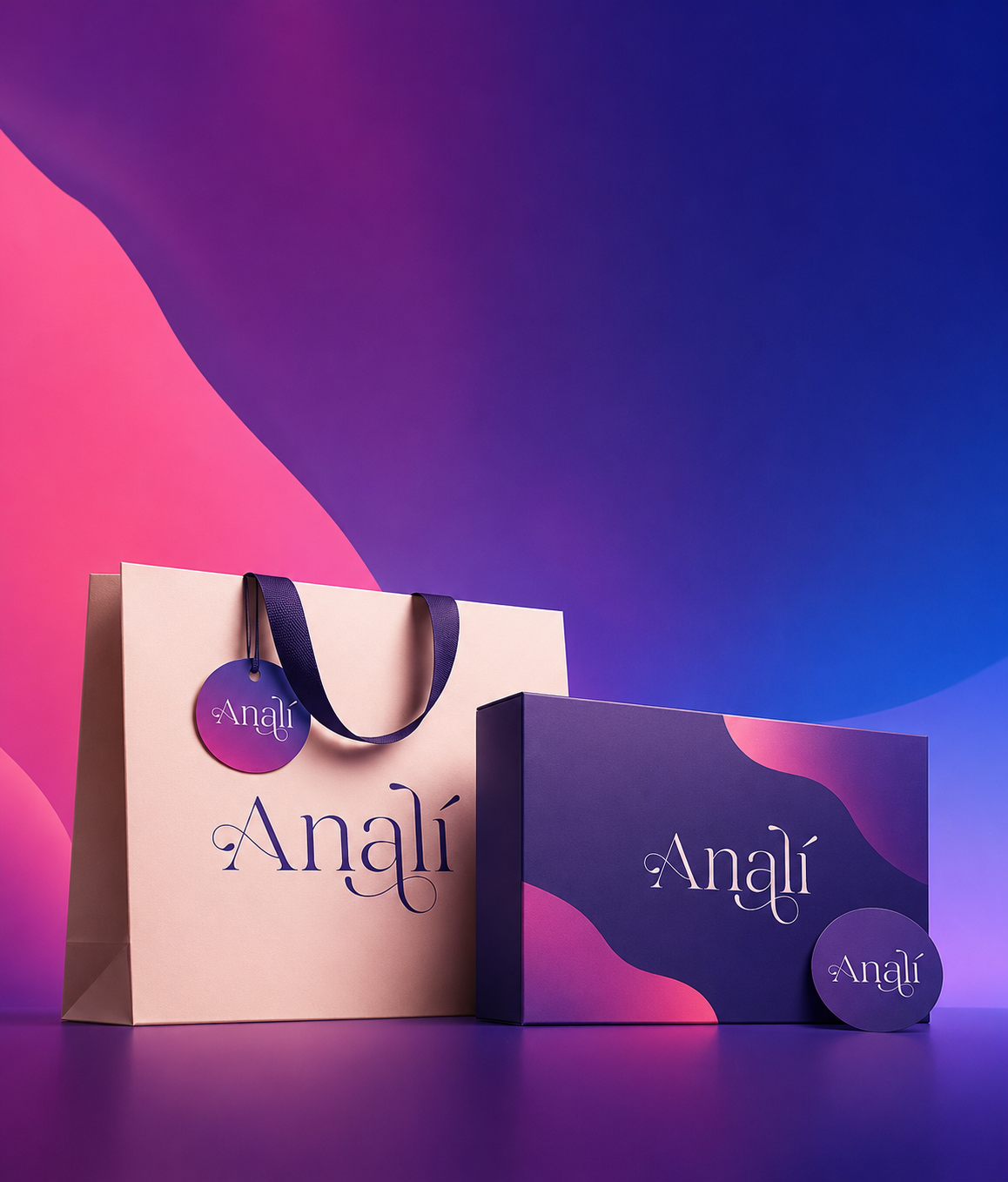 Packaging da marca Analí em tons de roxo e rosa